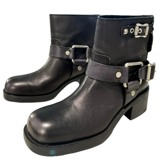 Ash Black Leather Texas Square Biker Boots Size 38 US 8 NEW - Picture 4 of 9